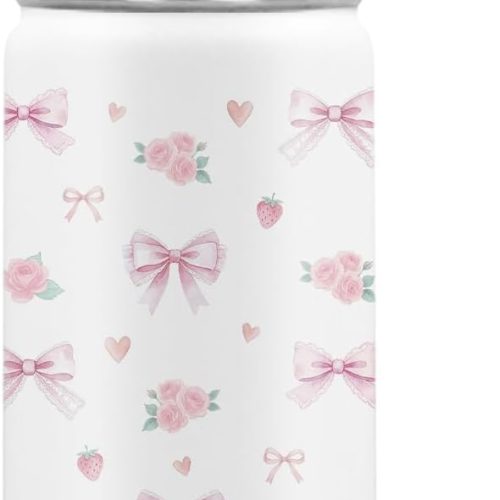 Kids Water Bottle Insulated -  Bows Water Bottle for Kids, 16oz Stainless Steel Insulated Water Bottles with Straw Lid, Leakproof BPA-Free Pink Bows Water Bottles for Home Travel Sports