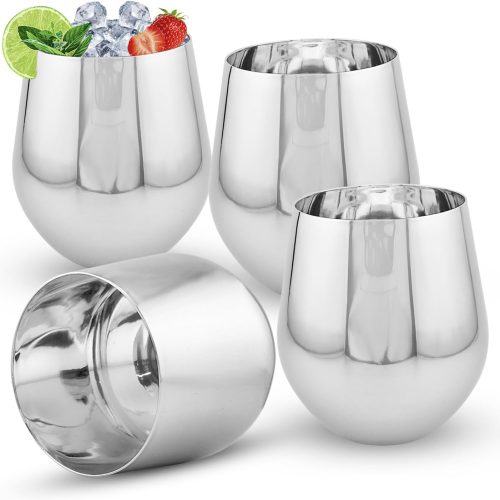 Durable Heavy-Gauge 16.9oz (500ml) Stainless Steel Metal Mugs Cups Tumbler Drinking Glasses – Premium Grade, Single Wall, Food Grade, Set of 4 (Plain High Polish)
