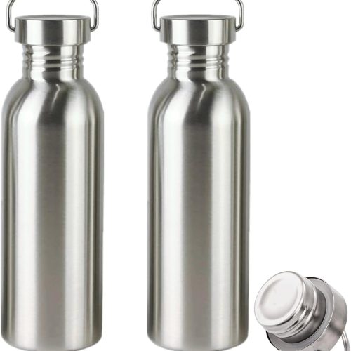 2 Pack 18/8 Stainless Steel Water Bottle, 26OZ Single Wall Sports Water Bottle for Camping Picnic, Metal Sports Kettle with Handle for Runners, Hikers, Cyclists