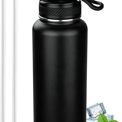 32 oz Insulated Water Bottle with Leak-proof 2-in-1 Straw and Spout Lid,Stainless Steel Sports Water Bottle with Handle,Double Wall Vacuum Metal Water Flask for Travel Camping School (Black,1)