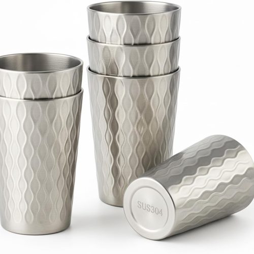 6 Pack 12 oz Stainless Steel Insulated Cup, Wave Pattern Double Wall Vacuum Small Metal Cup, Reusable Camping Cups Unbreakable Indoor Outdoor for Party, Home, Office, BBQ, Silver