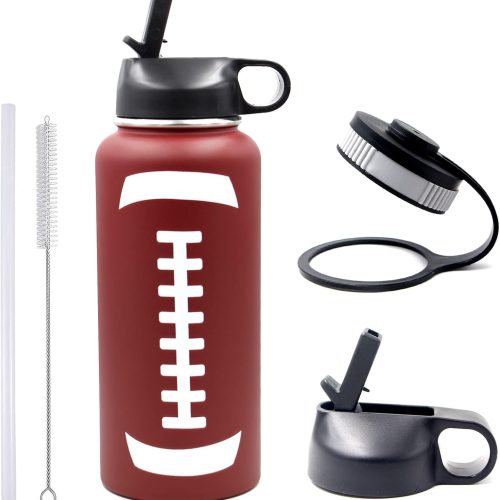 32 oz Football Water Bottle, Stainless Steel Vacuum Insulated Water Bottle with Straw and 2 Lids, Wide Mouth BPA Free Double Wall Leak Proof Flask for Sports, Travel, Gym, School