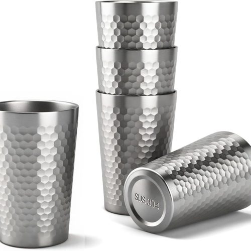 5 Pcs 12 oz Honeycomb Small Metal Cup, Double Wall Vacuum Stainless Steel Insulated Cup, Reusable Camping Cups Unbreakable Indoor Outdoor for Party, Home, Office, BBQ, Silver