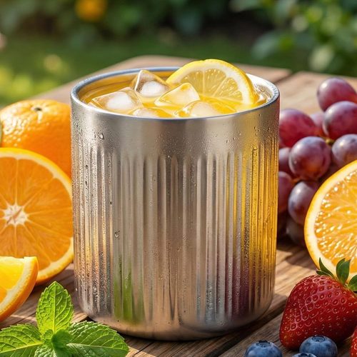 Vintage Coffee Cup, 304 Stainless Steel (18-10) Double-Wall Insulated Tumbler, Silver, 360ml Capacity, Handleless Design with Vertical Ribbed Pattern, for Hot and Cold Beverages
