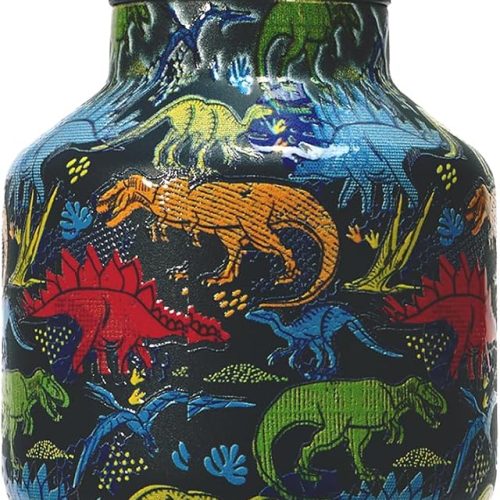 Kids Water Bottle 15 oz, Flip-Up Straw, Carry Handle, Vacuum Insulated Stainless Steel, Leak Proof, 12 Hours Cold, BPA Free (Blue/Dino)