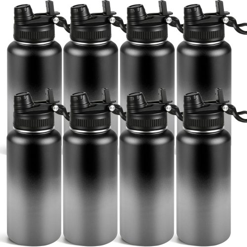 32oz Insulated Stainless Steel Water Bottle Bulk 2-in-1 Leak-Proof Sip & Straw Lid with Handle, Double Wall Vacuum Insulated Travel Mug for Sports, Commute, Office, Black/Gray, 8 Pack