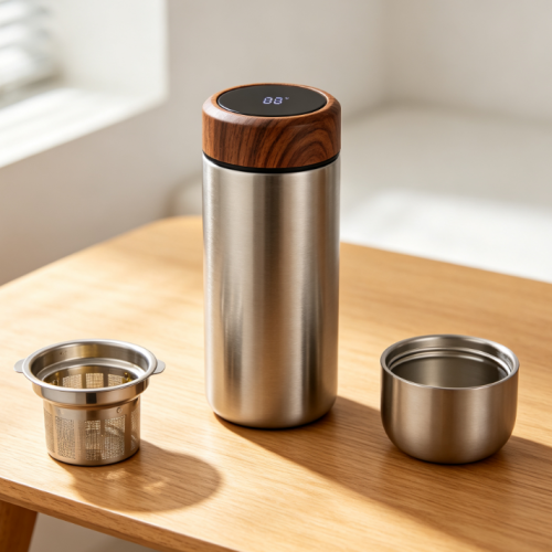 Retro Wood Grain Lid Smart Stainless Steel Insulated Tea Mug